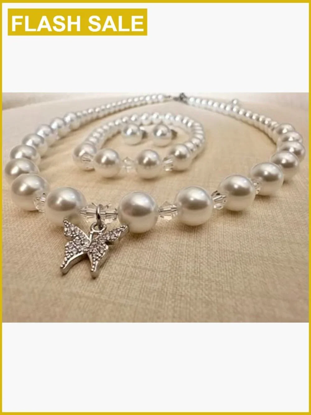 8mm Faux Crystal Glass Imitation Pearls Necklace Bracelet Earring Set with